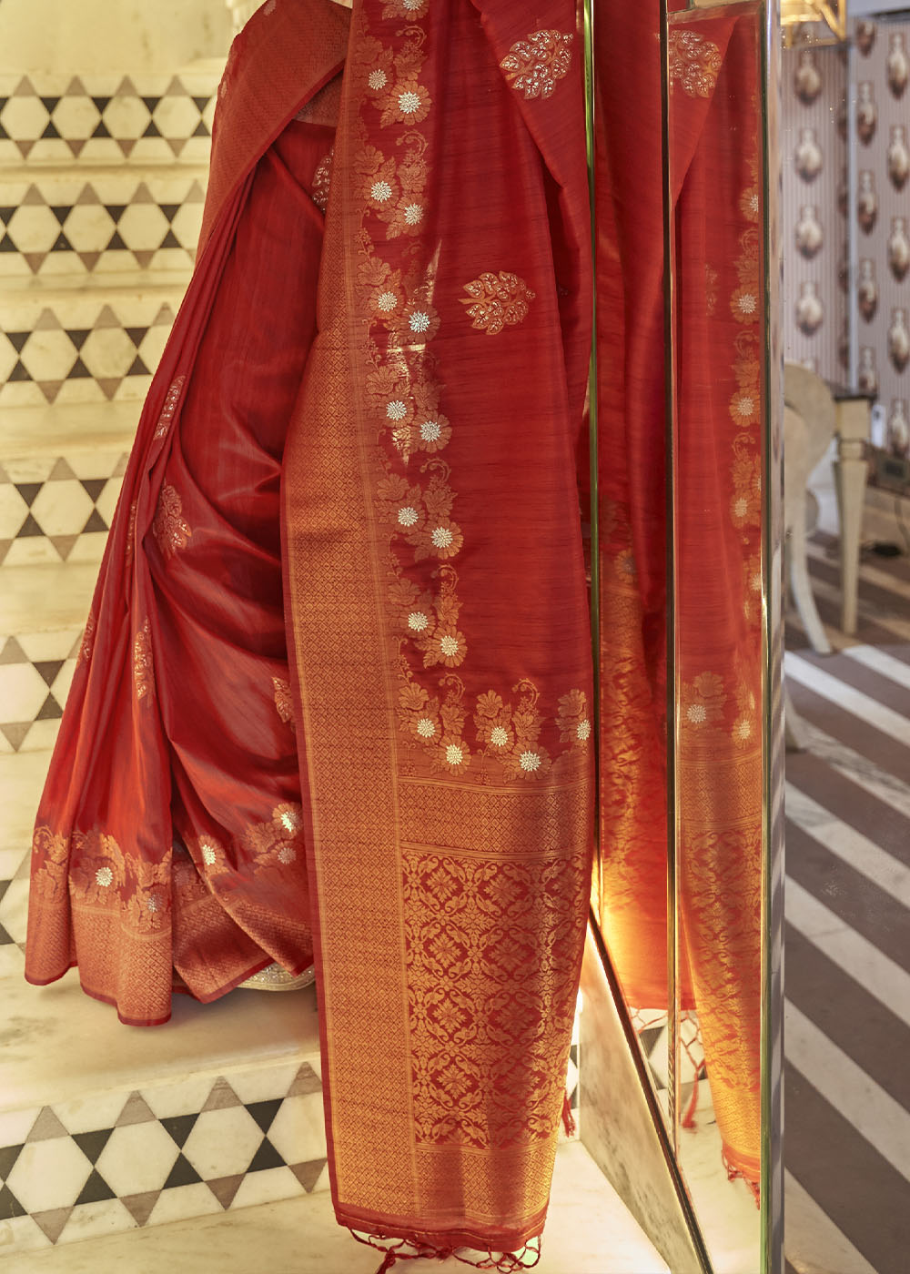 Rufous Red Copper Zari Woven Tussar Silk Saree