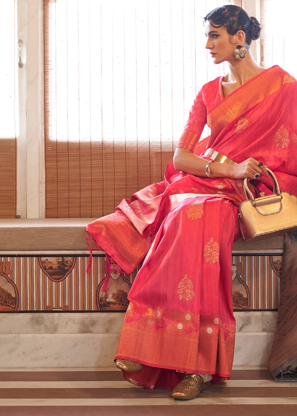 French Pink Copper Zari Woven Tussar Silk Saree