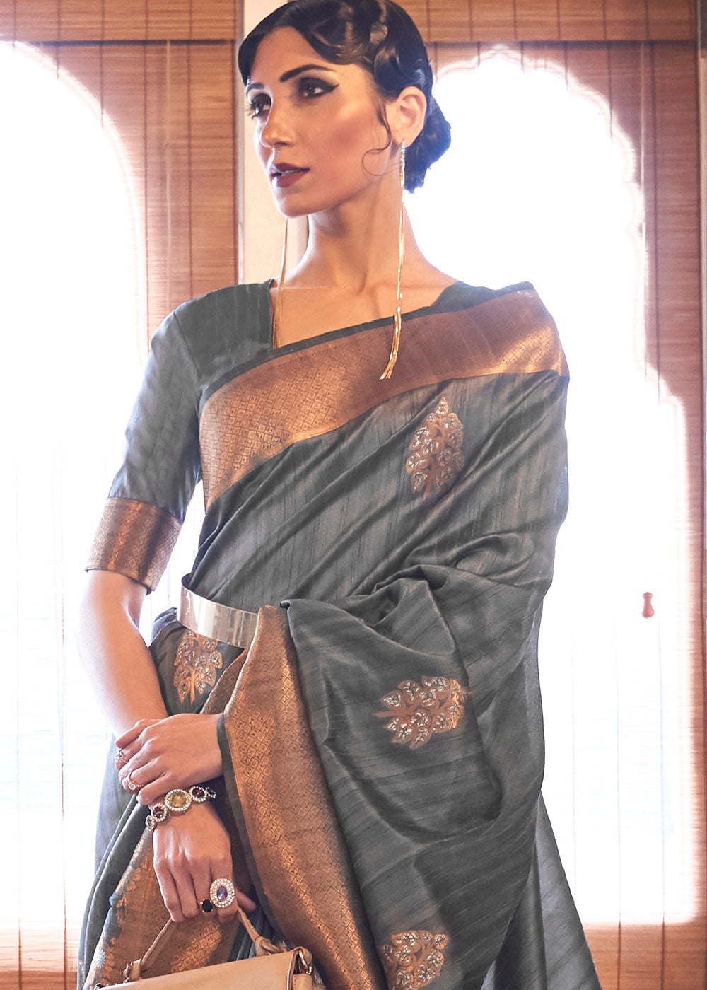 Anchor Grey Copper Zari Woven Tussar Silk Saree