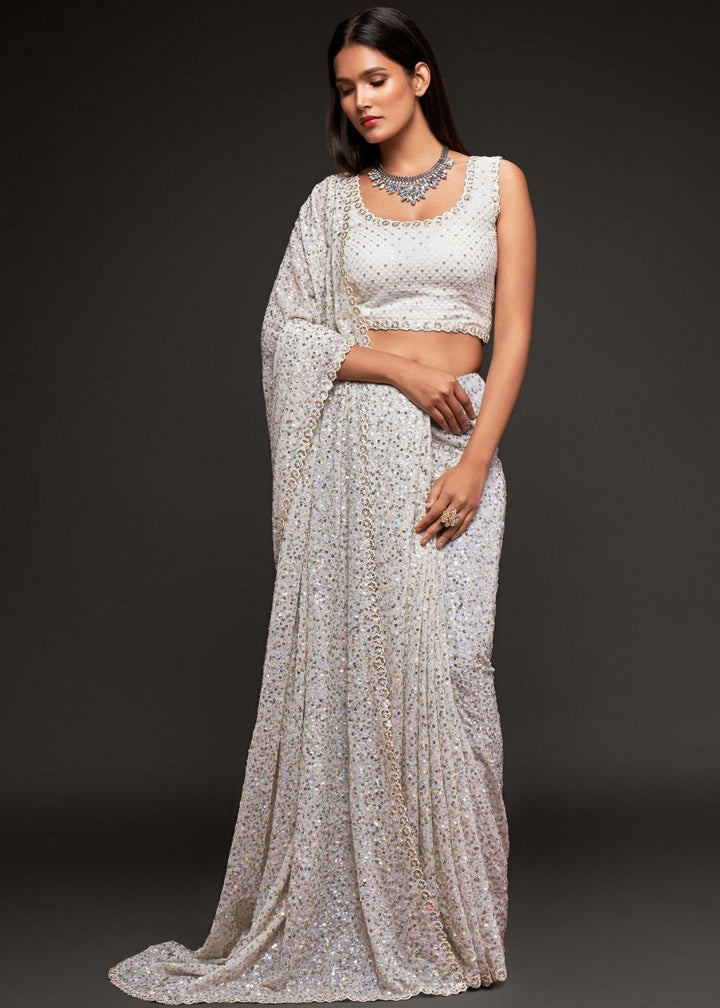 Pearl White Sequins & Thread Embroidered Designer Georgette Saree: Top Pick