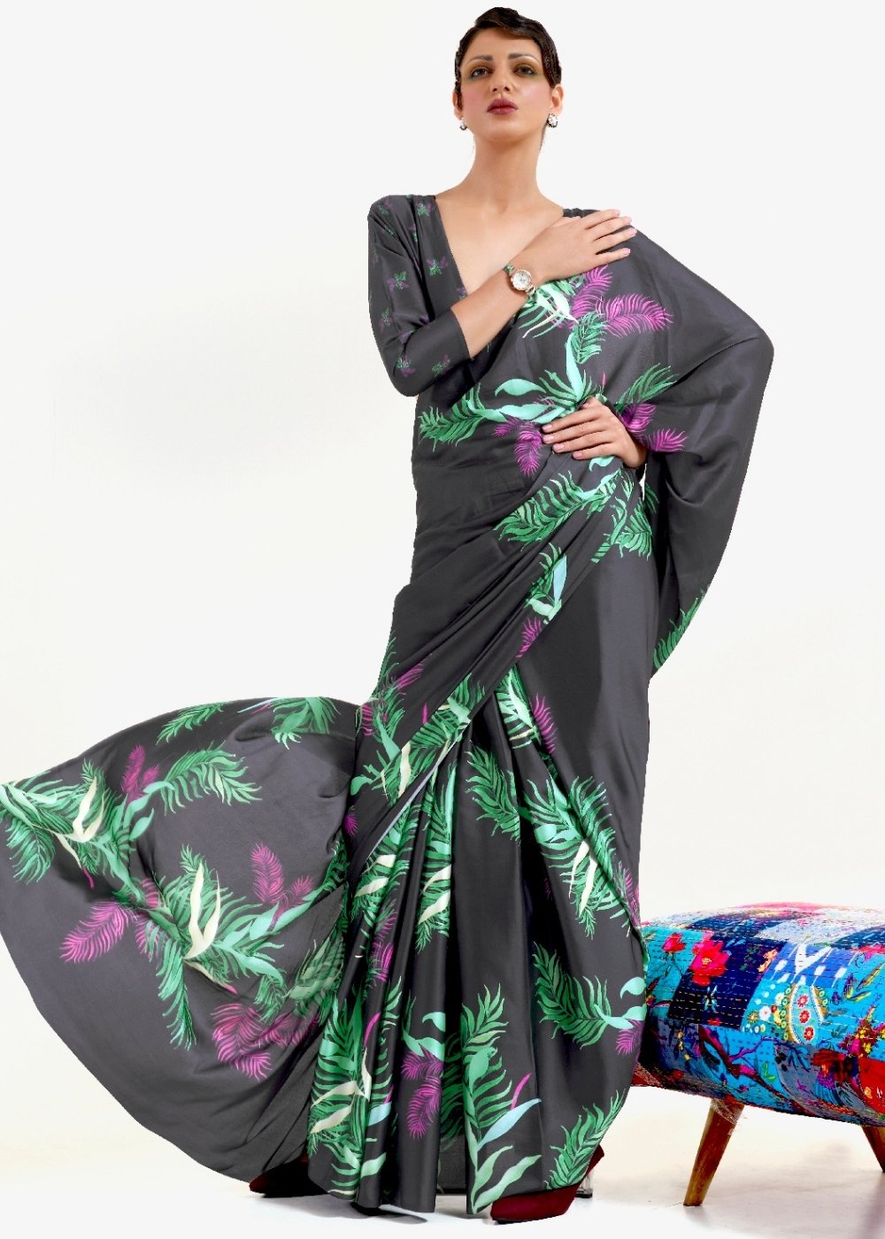 Ebony Black Digital Printed Satin Crepe Saree