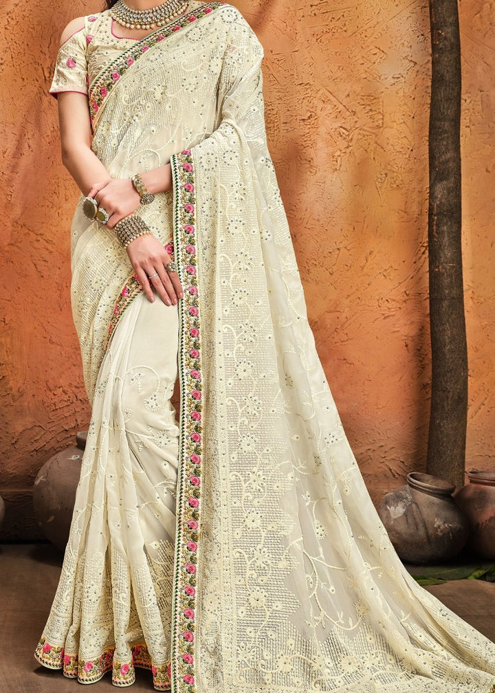 Linen White Pure Georgette Saree with Moti, Cut-Dana & Lucknowi work