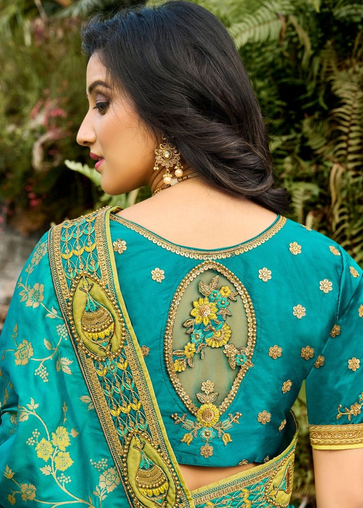 Green and Blue Half N Half Silk Saree with Embroidered work