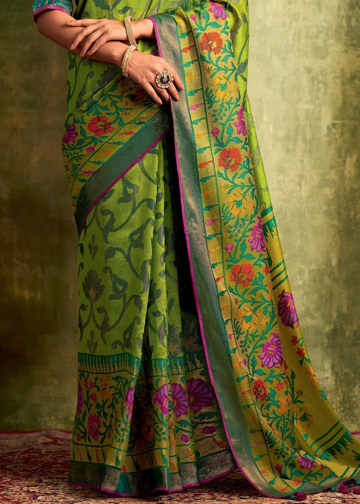 Slime Green Designer Soft Brasso Silk Saree