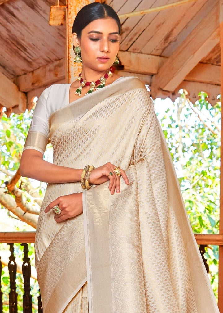 Ivory White Zari Woven Kanjivaram Silk Saree