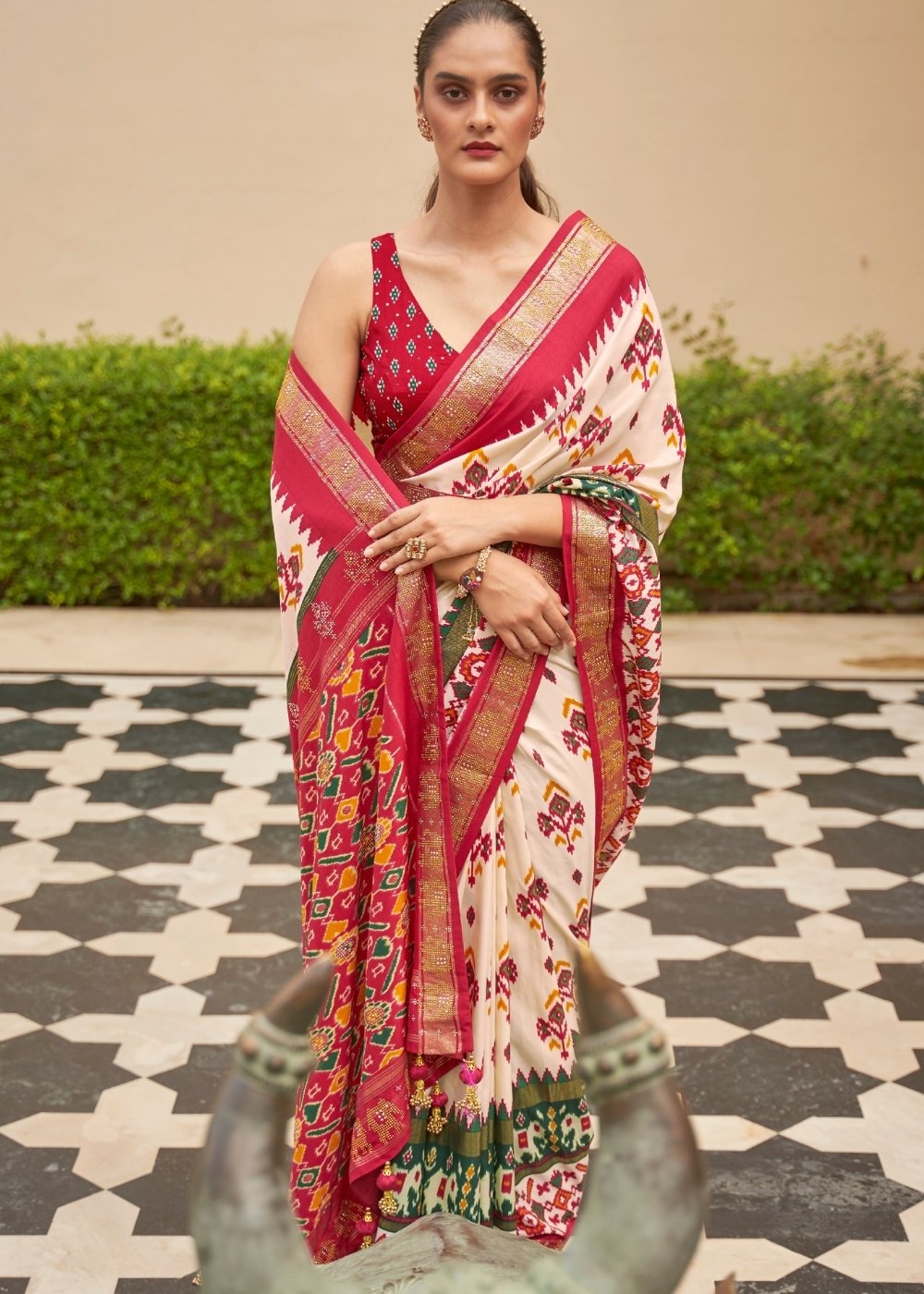 White & Red Patola Silk Saree with Zari Border & Tassels On Pallu