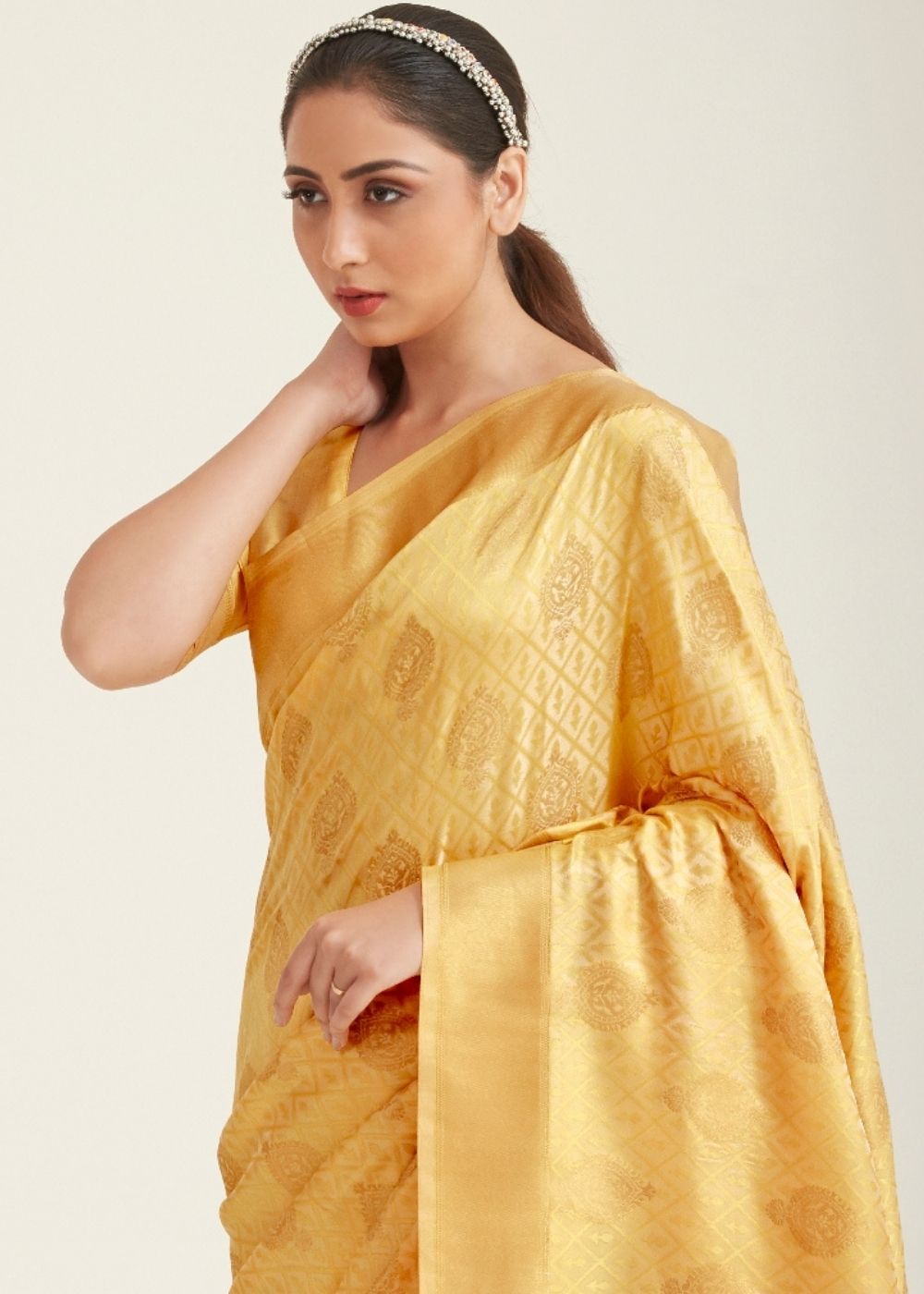 Poppy Golden Zari Butta Woven Banasari Silk Saree