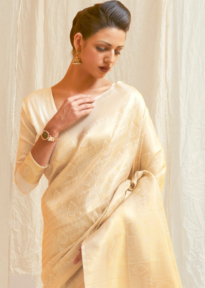 Cream White & Golden Blend Kanjivaram Silk Saree