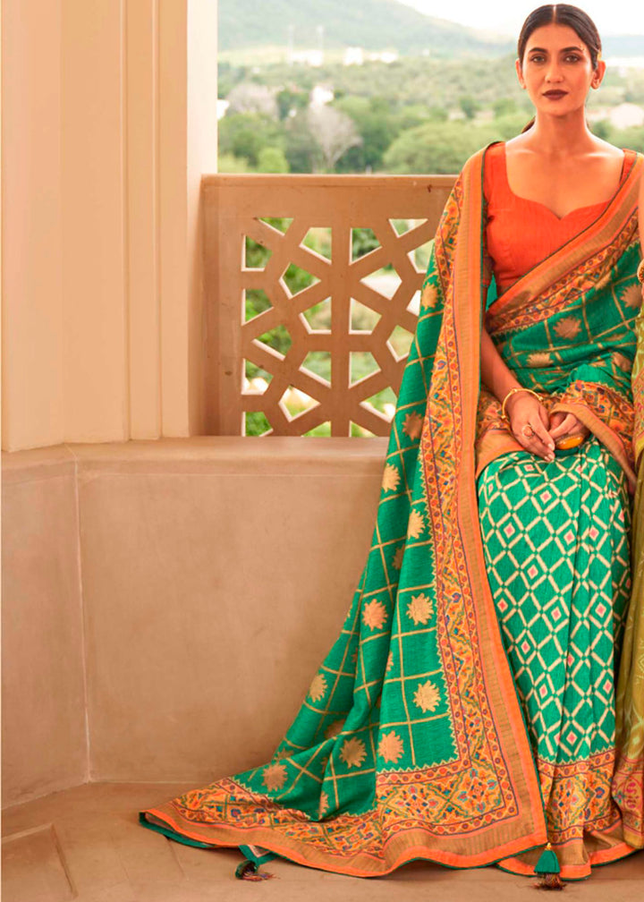 Jungle Green Patola Print Georgette Silk Saree