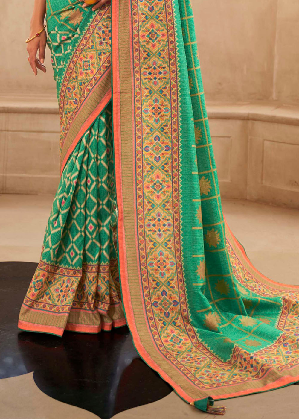 Jungle Green Patola Print Georgette Silk Saree