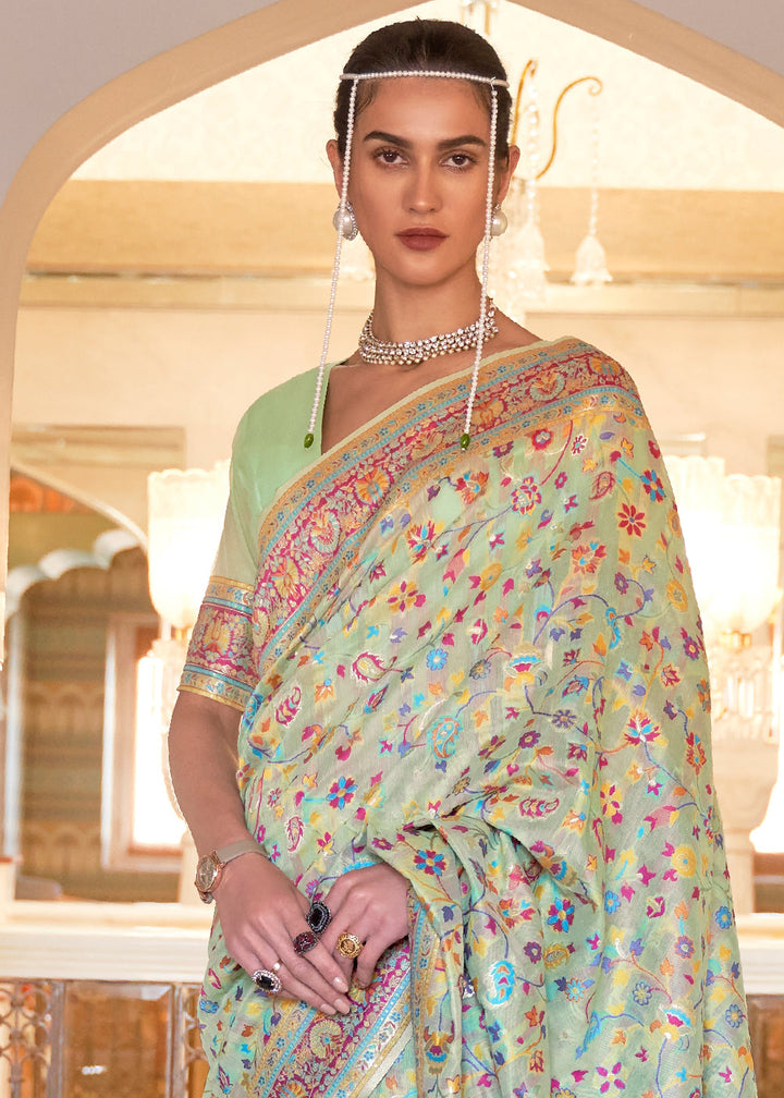 Celadon Green Banarasi Jamawar Woven Silk Saree