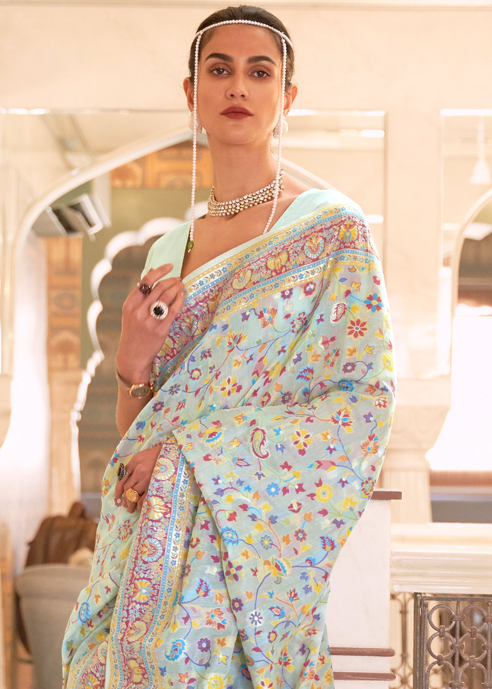 Powder Blue Banarasi Jamawar Woven Silk Saree