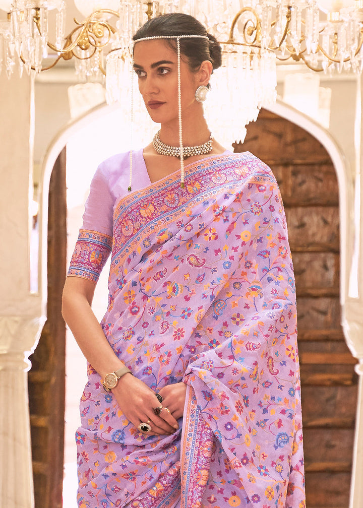 Bright Lilac Purple Banarasi Jamawar Woven Silk Saree