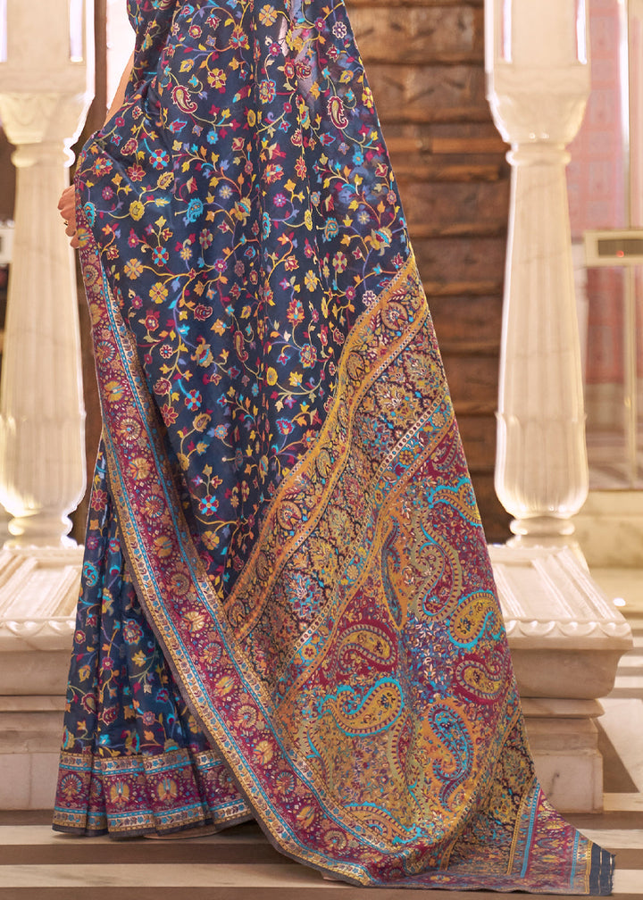 Navy Blue Banarasi Jamawar Woven Silk Saree