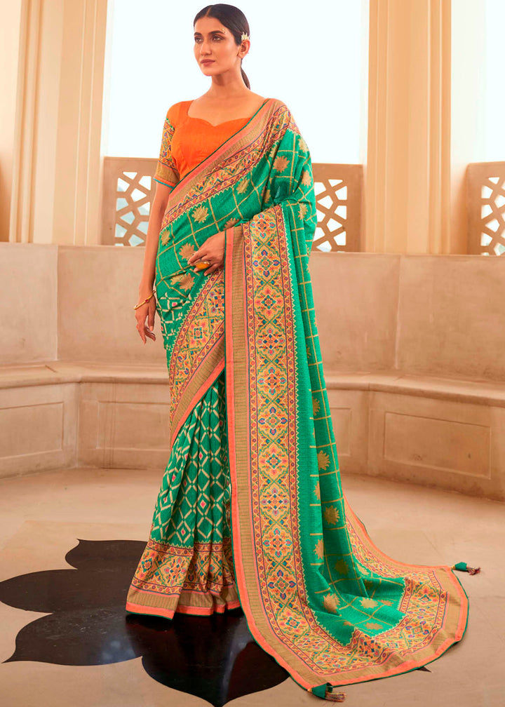 Jungle Green Patola Print Georgette Silk Saree