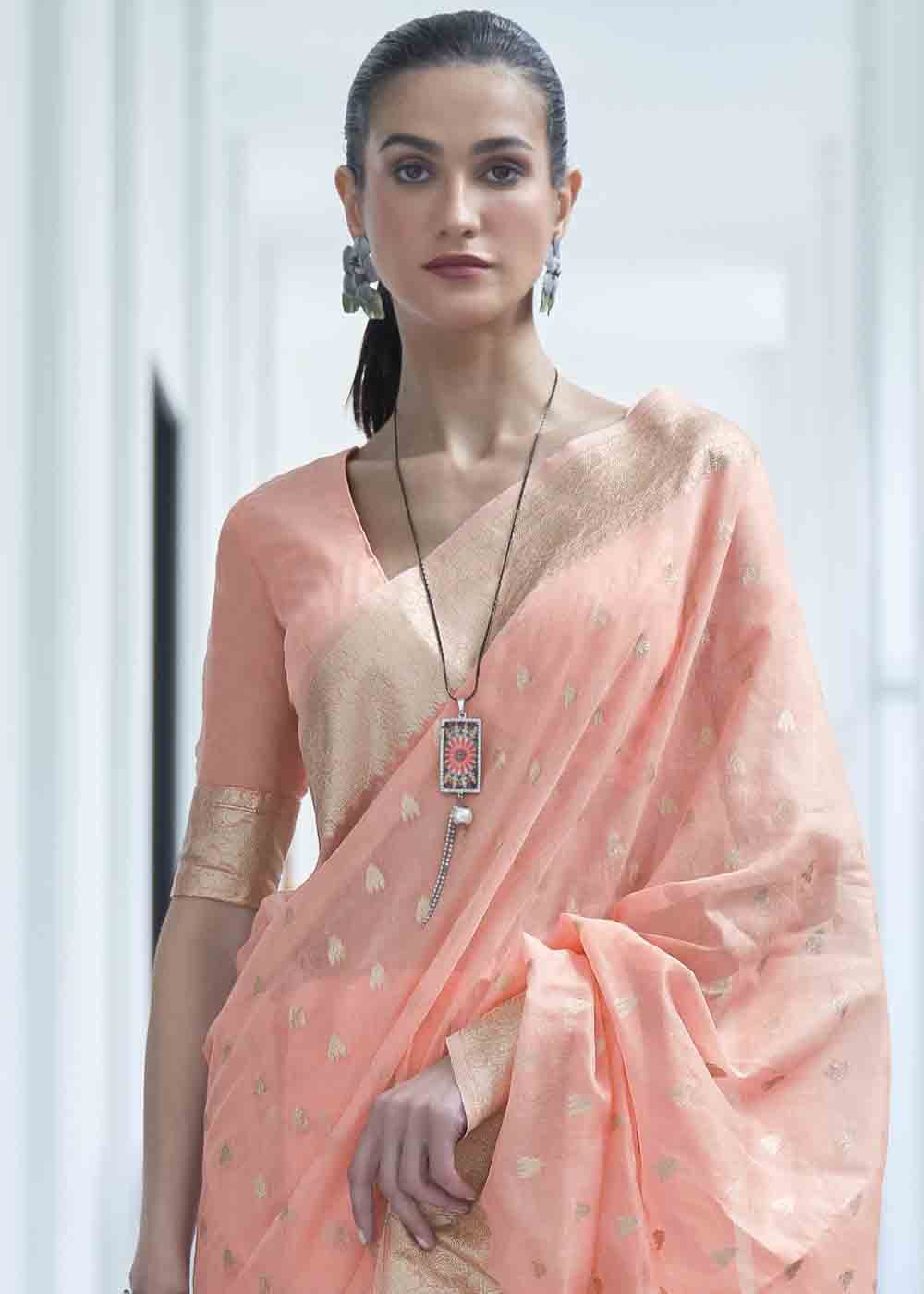 Salmon Pink Woven Designer Silk Saree