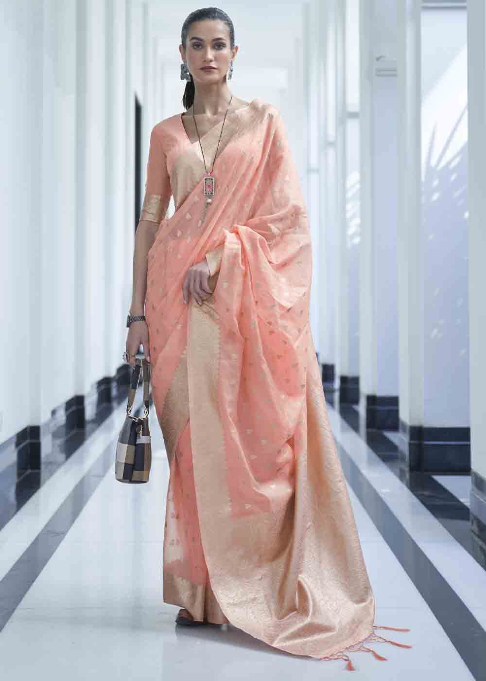 Salmon Pink Woven Designer Silk Saree