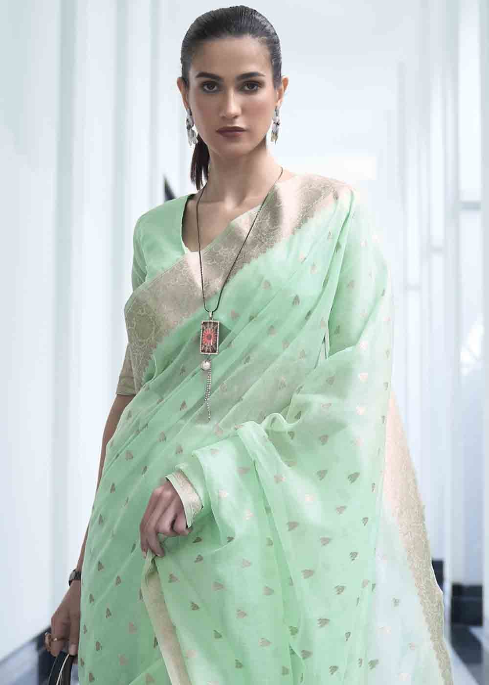 Mint Green Woven Designer Silk Saree