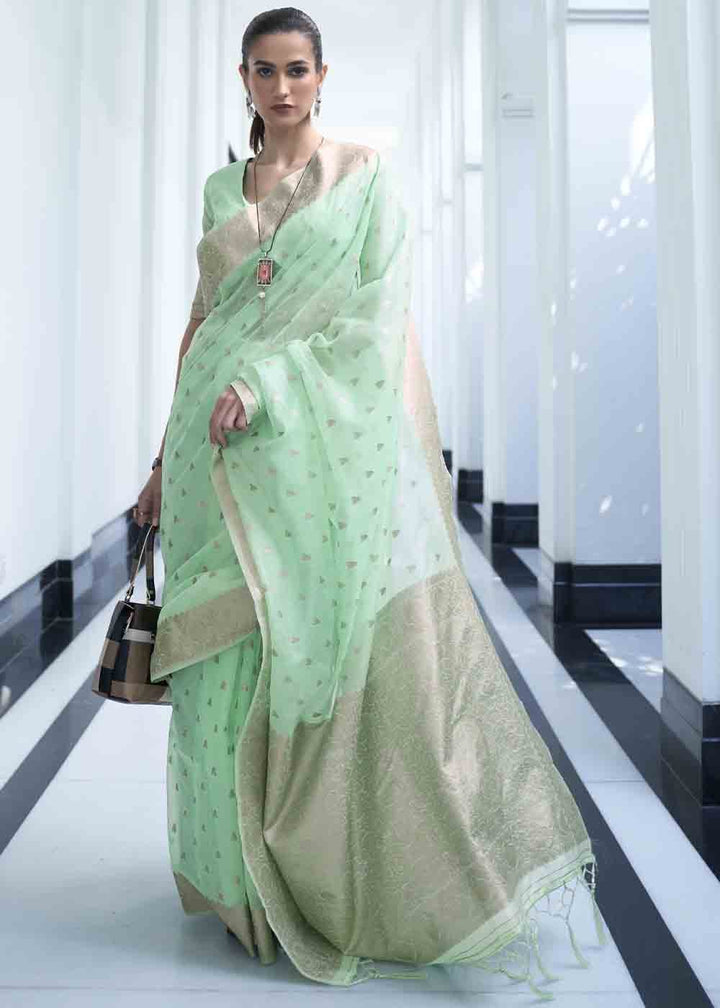 Mint Green Woven Designer Silk Saree