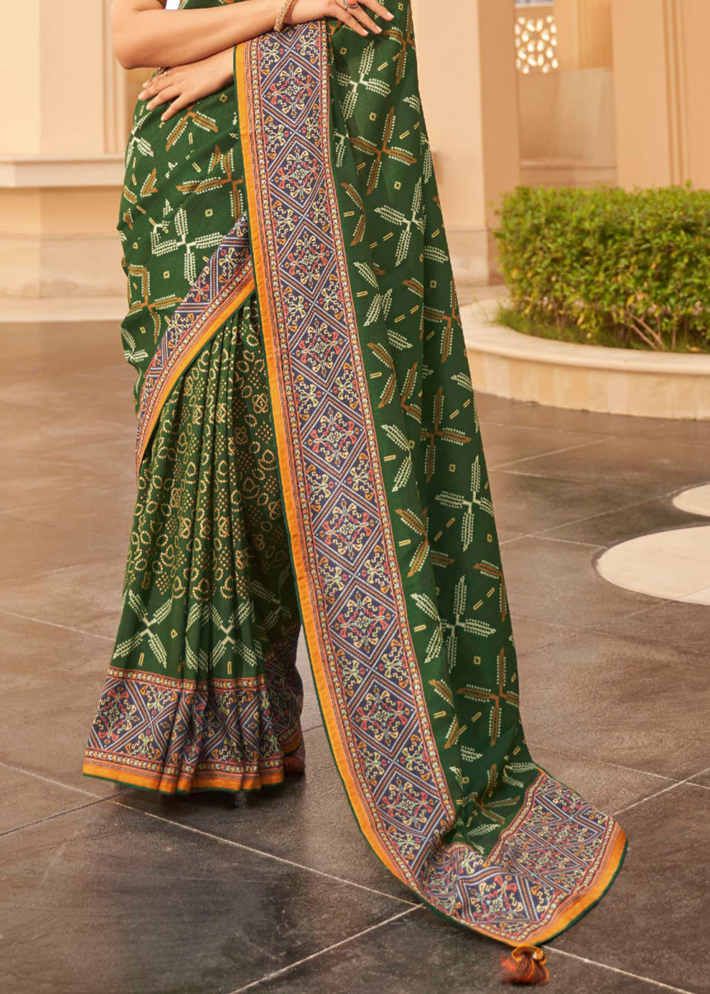 Hunter Green Patola Print Georgette Silk Saree