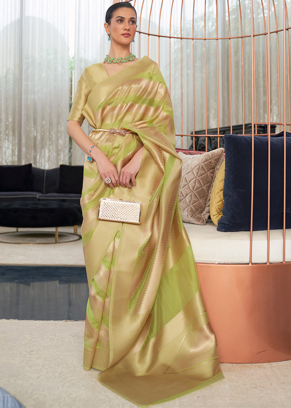 Green & Golden Woven Organza Silk Saree