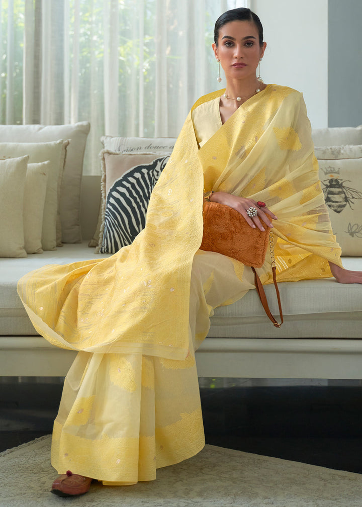 Shades Of Yellow Lucknowi Chikankari Weaving Silk Saree