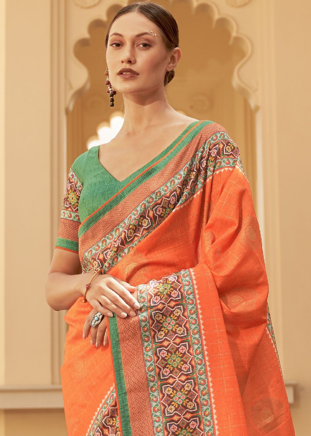 Outrageous Orange Patola Print Georgette Silk Saree