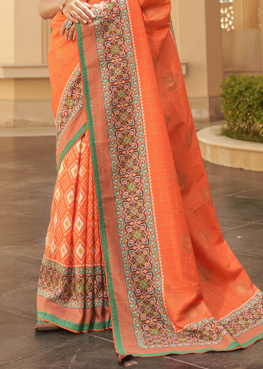 Outrageous Orange Patola Print Georgette Silk Saree