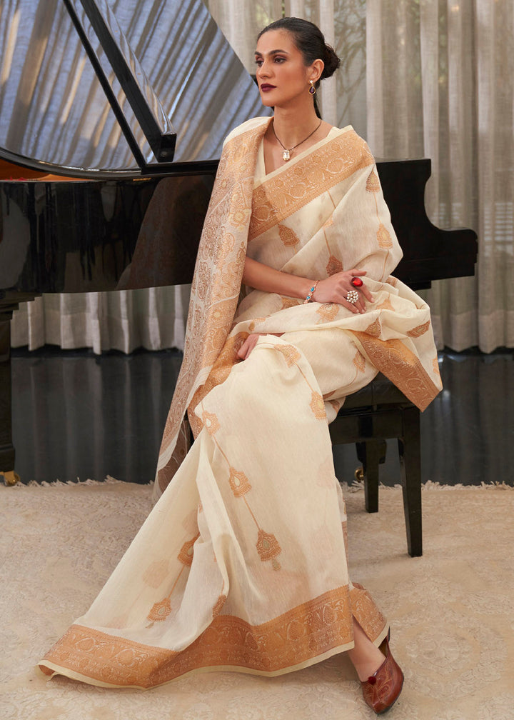 Ivory White Copper Zari Woven Linen Silk Saree