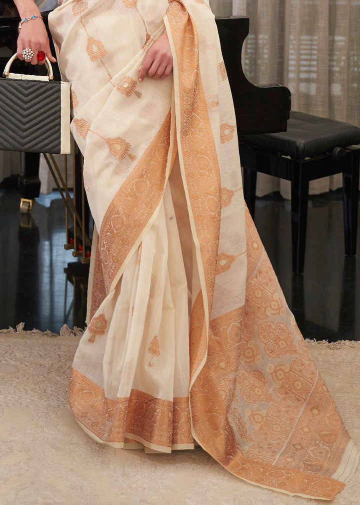 Ivory White Copper Zari Woven Linen Silk Saree