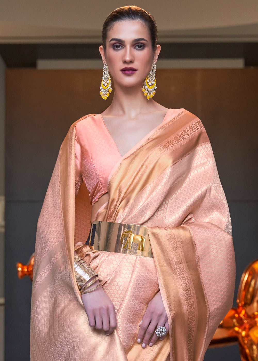 Pink Orange Woven Soft Silk Saree