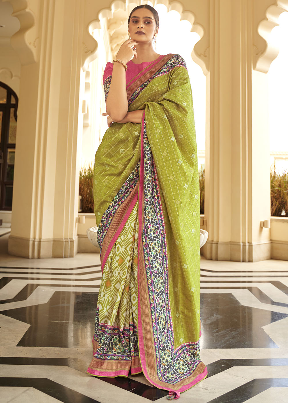 Sheen Green Patola Print Georgette Silk Saree