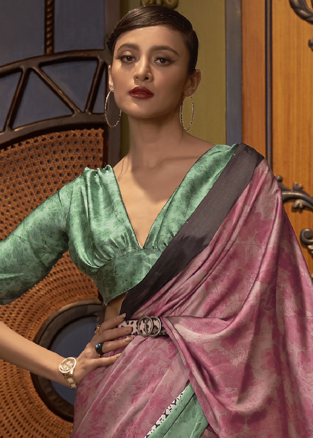 Green & Pink Designer Satin Crepe Printed Saree: Top Pick