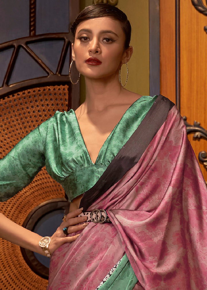 Green & Pink Designer Satin Crepe Printed Saree: Top Pick