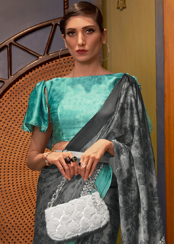 Grey & Blue Designer Satin Crepe Printed Saree: Top Pick