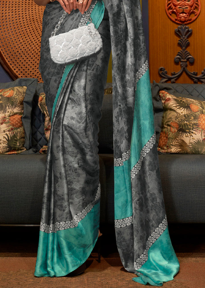 Grey & Blue Designer Satin Crepe Printed Saree: Top Pick