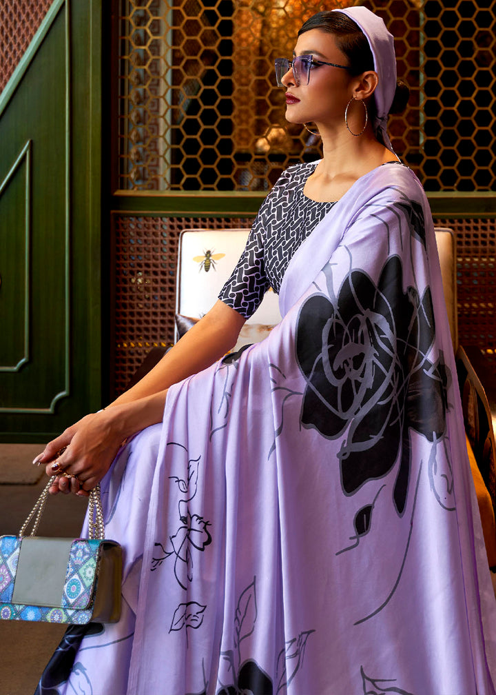 Heliotrope Purple Designer Satin Crepe Printed Saree: Top Pick