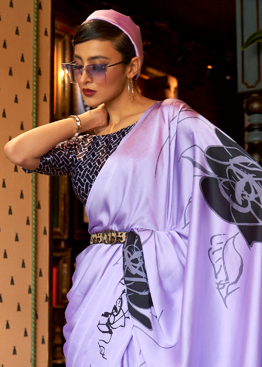 Heliotrope Purple Designer Satin Crepe Printed Saree: Top Pick