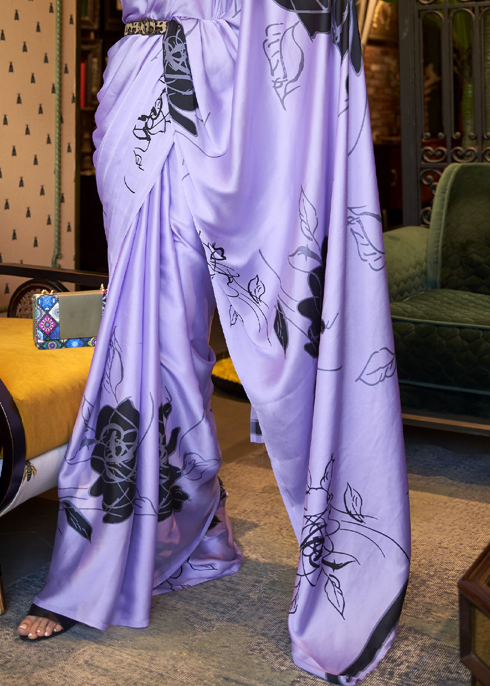 Heliotrope Purple Designer Satin Crepe Printed Saree: Top Pick