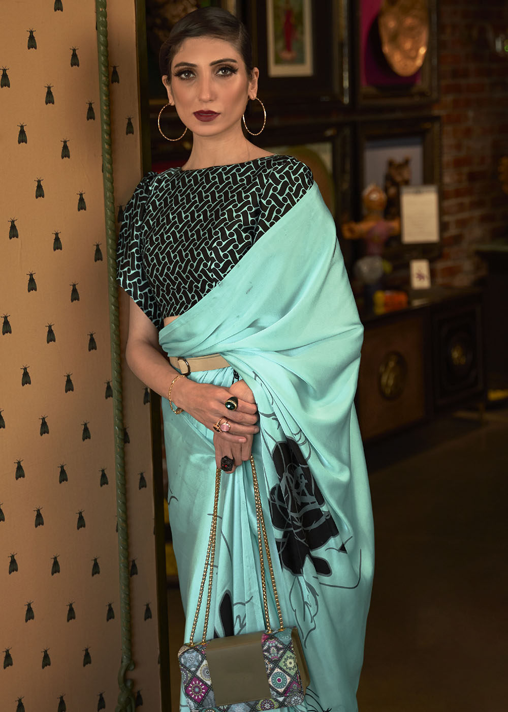 Turquoise Blue Designer Satin Crepe Printed Saree: Top Pick