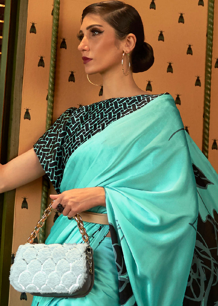 Turquoise Blue Designer Satin Crepe Printed Saree: Top Pick