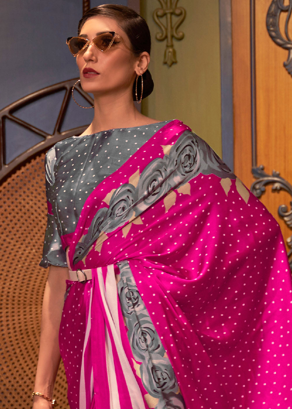 Hot Pink Designer Satin Crepe Printed Saree: Top Pick