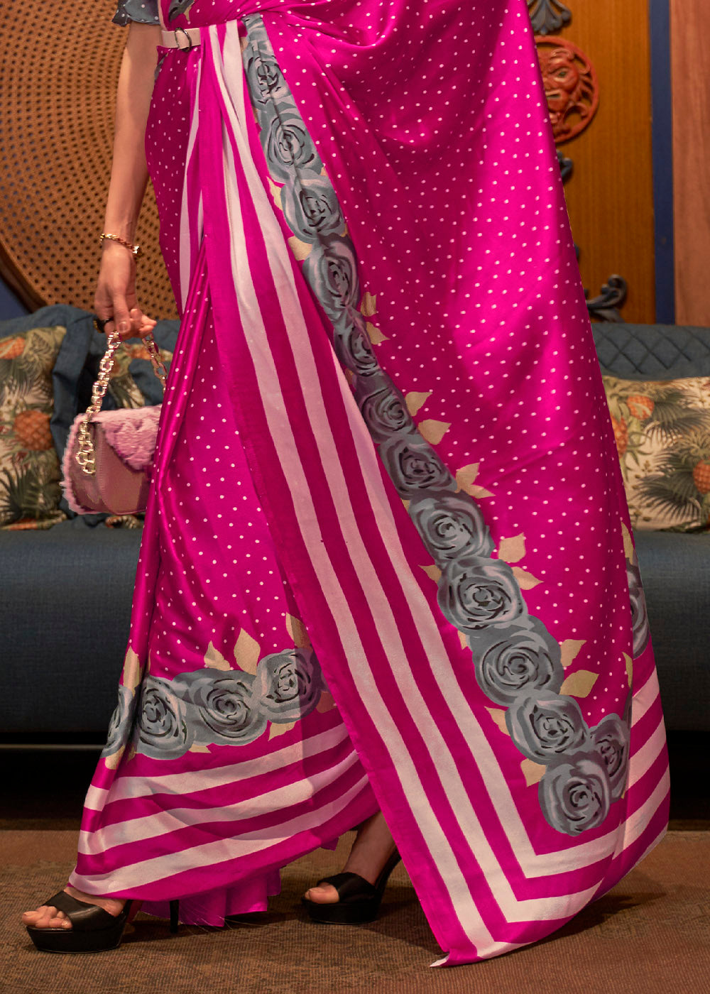 Hot Pink Designer Satin Crepe Printed Saree: Top Pick