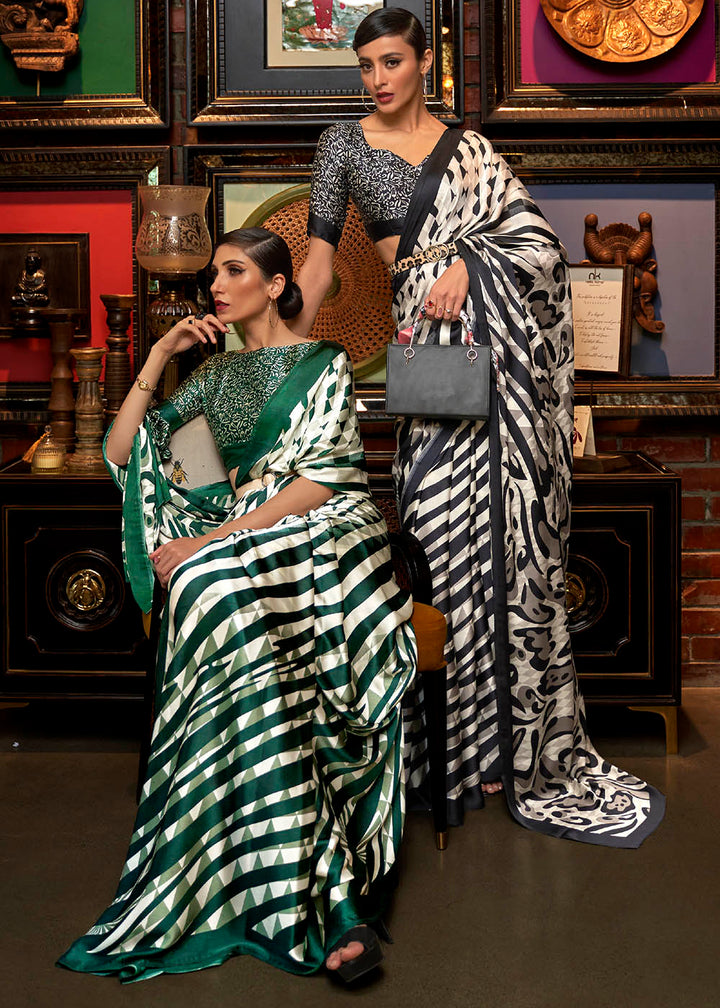 Green & White Designer Satin Crepe Printed Saree: Top Pick