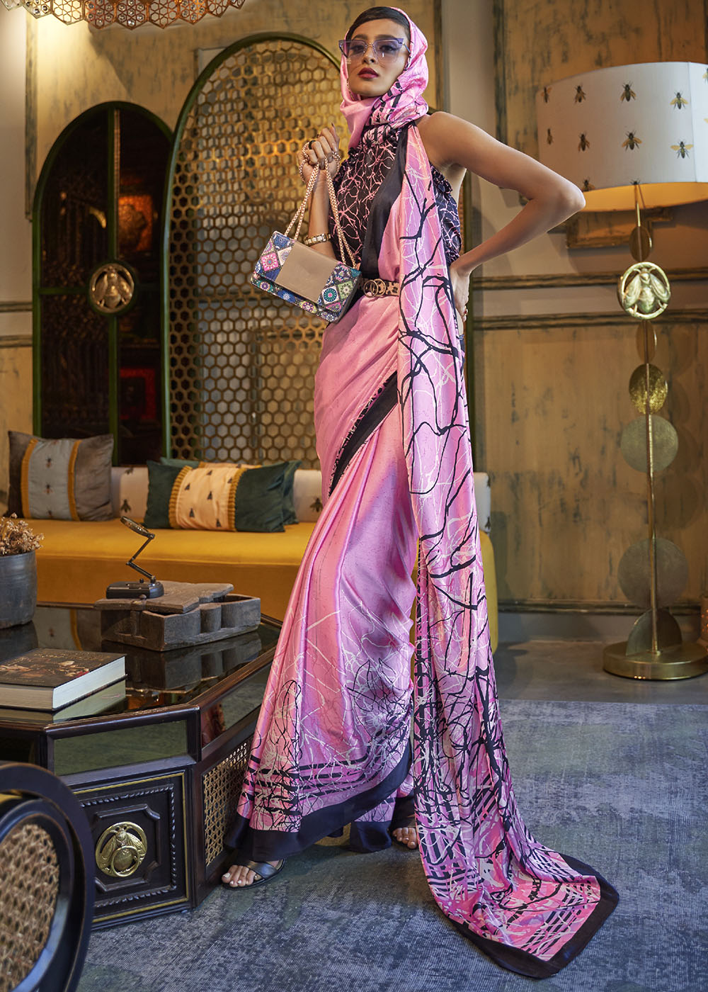 Taffy Pink Designer Satin Crepe Printed Saree: Top Pick