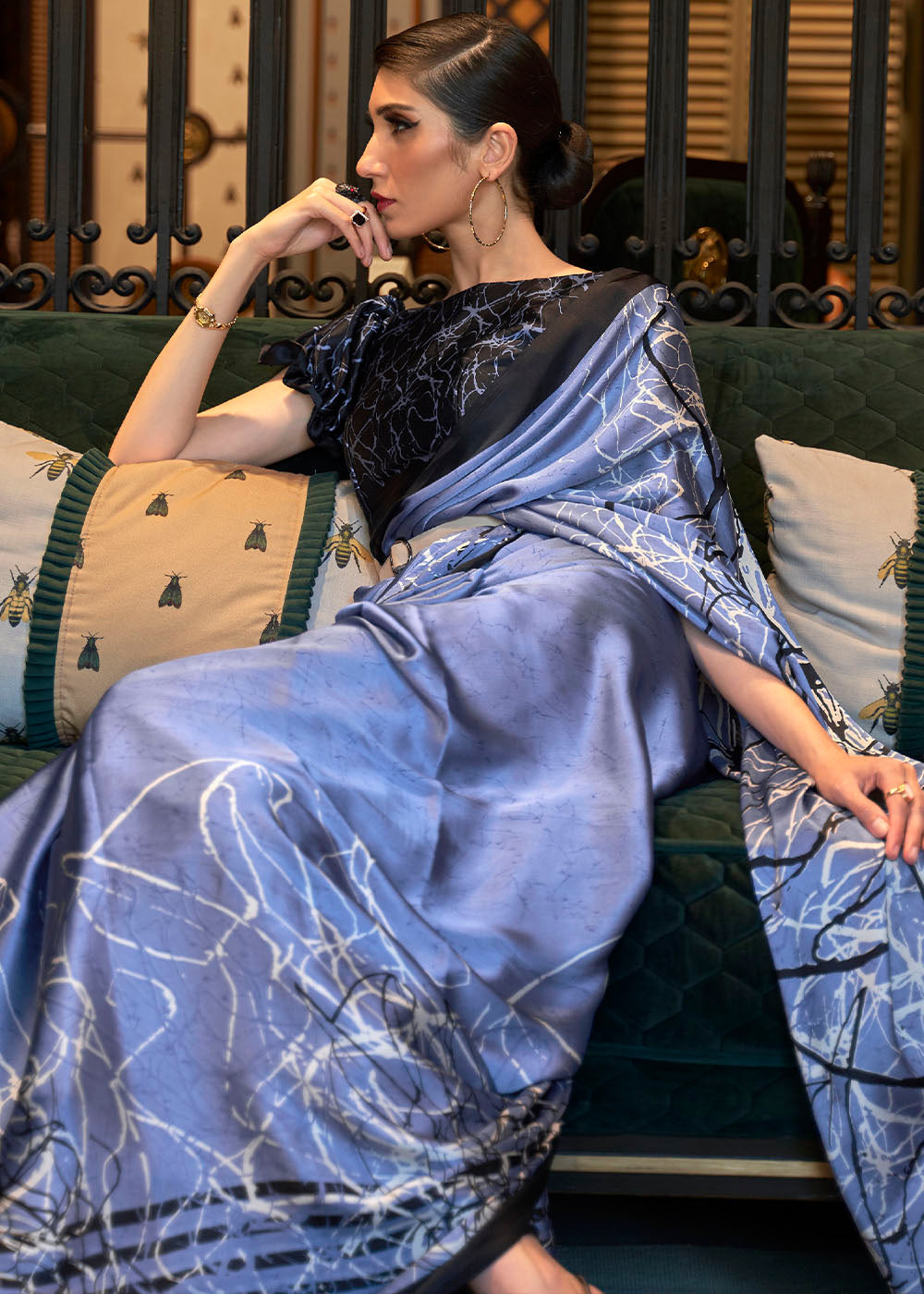 Steel Blue Designer Satin Crepe Printed Saree : Top Pick