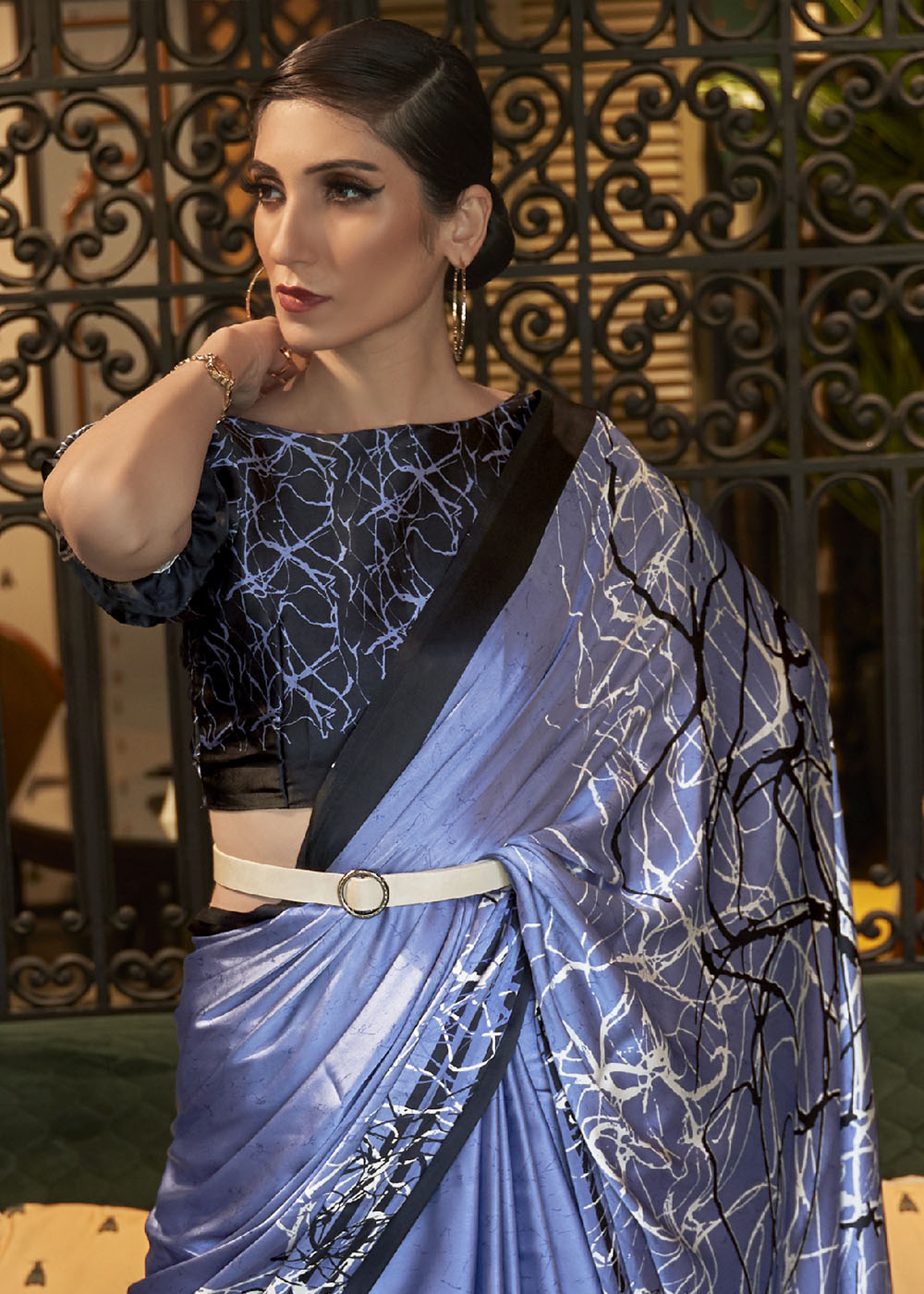 Steel Blue Designer Satin Crepe Printed Saree : Top Pick