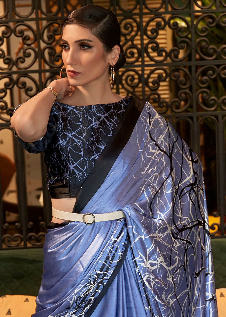 Steel Blue Designer Satin Crepe Printed Saree : Top Pick