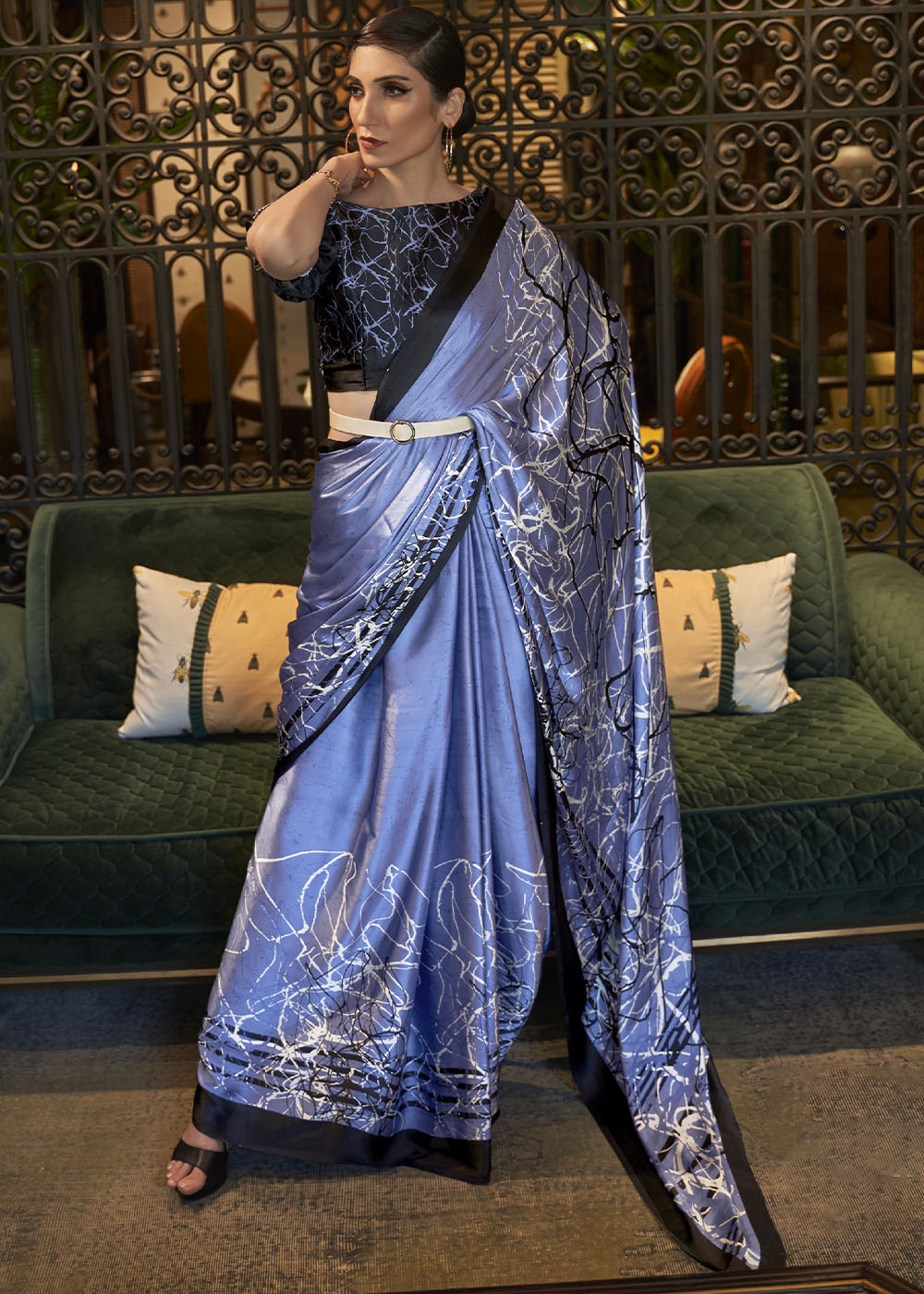 Steel Blue Designer Satin Crepe Printed Saree : Top Pick