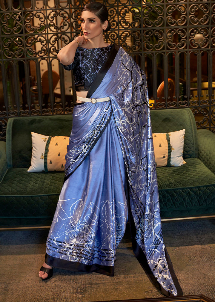 Steel Blue Designer Satin Crepe Printed Saree : Top Pick